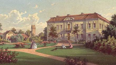Lustgarten des Soldatenkönigs. Schloss Kossenblatt, die Lithografie entstand um 1860, ist eine von fast 1000 Ansichten preußischer Landsitze und Schlösser, die der Verleger Alexander Duncker herausgegeben hat. 