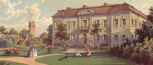 Lustgarten des Soldatenkönigs. Schloss Kossenblatt, die Lithografie entstand um 1860, ist eine von fast 1000 Ansichten preußischer Landsitze und Schlösser, die der Verleger Alexander Duncker herausgegeben hat. 