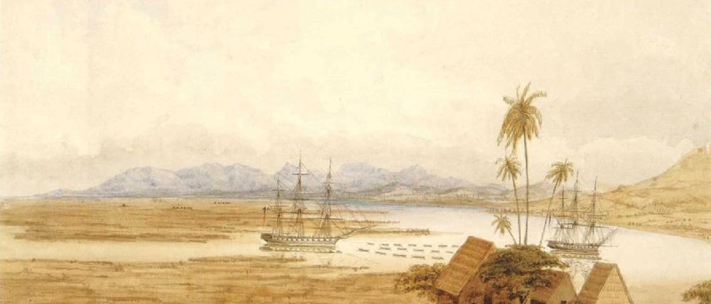 Eine Zeichnung von circa 1827 zeigt die „Einfahrt in den Hafen von Honolulu“ auf der Inselkette Hawaii, die heute zu den USA gehört.
