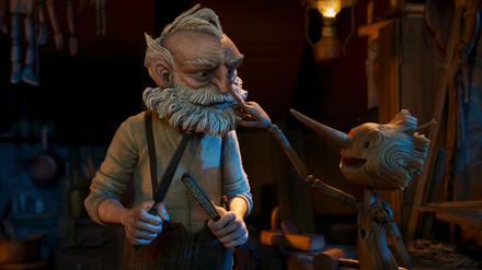 Guillermo del Toro's Pinocchio - (L-R) Gepetto (voiced by David Bradley) and Pinocchio (voiced by Gregory Mann). Cr: Netflix © 2022
