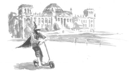 Schrat macht es möglich: Ein Zwerg fährt auf einem E-Roller vor dem Reichstag entlang.