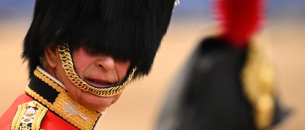 Der britische König Charles nimmt am 17. Juni 2023 an der Parade zum Geburtstag des Königs, dem „Trooping the Colour“, auf der Horse Guards Parade in London teil.