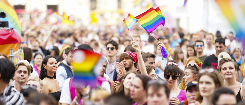 Besucher feiern beim Abschluss der 27. „Regenbogenparade“ am Rathausplatz.  
