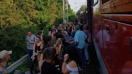 Passagiere steigen auf offener Strecke in der Nähe des FEZ aus dem liegengebliebenen Regionalexpress 2 aus.