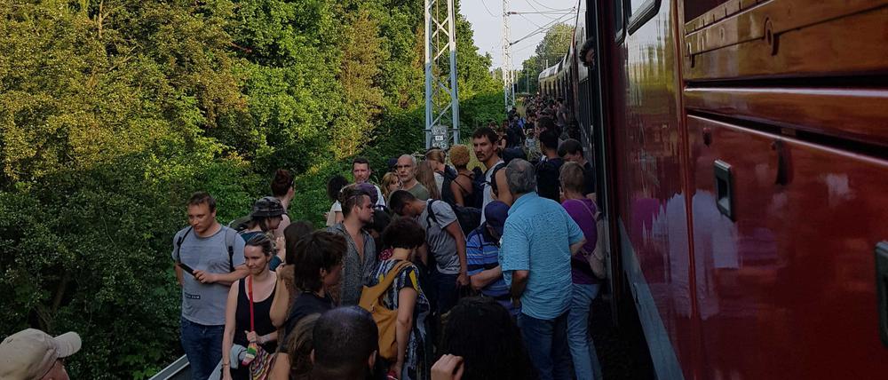 Passagiere steigen auf offener Strecke in der Nähe des FEZ aus dem liegengebliebenen Regionalexpress 2 aus.