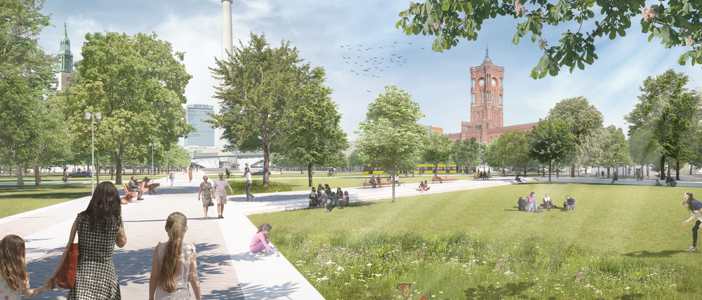 Ein Platz mit bestem Klima, so könnte das Rathaus- und Marx-Engels-Forum nach der Vorstellung von Grün Berlin aussehen.