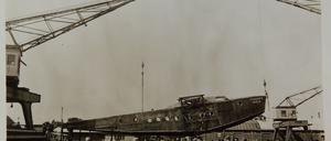 Rumpf des Flugbootes Ro X „Romar“ nach der Ankunft der zerlegten Maschine in Travemünde, August 1928.