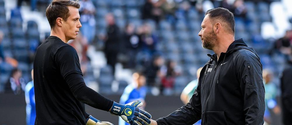 Willkommen zurück. Am Montag wird Trainer Pal Dardai (r.) auch Torhüter Alexander Schwolow auf dem Trainingsplatz begrüßen können.