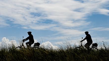Fahrradfahrer sind auf dem Oder-Neiße-Radweg, der sich im Oderbruch auf dem Deich am deutsch-polnischen Grenzfluss Oder nahe Reitwein befindet, unterwegs. 