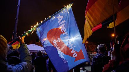 Eine Teilnehmerin schwingt eine AfD-Flagge während einer Kundgebung der islam- und ausländerfeindlichen Pegida-Bewegung 2020 in Cottbus.