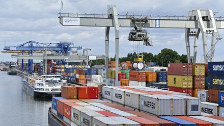 ARCHIV - 07.07.2020, Baden-Württemberg, Mannheim: Ein Kran verlädt Container im Rhein-Neckar-Hafen Mannheim/Ludwigshafen (zu dpas «Alles im Fluss - Diskussion über Rhein-Schifffahrt und Verkehrswende») Foto: Uwe Anspach/dpa +++ dpa-Bildfunk +++
