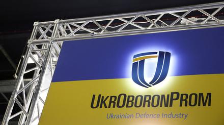 FILE PHOTO: Ukrainian UkrOboronProm logo is pictured at their stand inside a hall of the 30th International Defence Industry Exhibition in Kielce, Poland September 5, 2022. REUTERS/Kacper Pempel/File Photo
