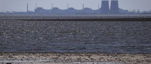 ARCHIV - 09.06.2023, Ukraine, Energodar: Das Kernkraftwerk Saporischschja ist im Hintergrund des flachen Kachowka-Stausees nach der Zerstörung des Kachowka-Staudamms zu sehen.