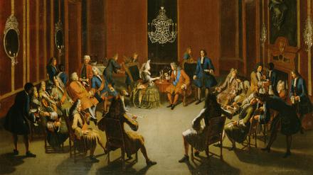 Paul Carl Leygebe Gemälde „Das Tabakskollegium König Friedrichs I. in Preußen (1657–1713). Am Rand sind Schwarze Diener zu sehen.