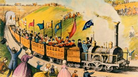 Zeitgenössische Darstellung der Zugfahrt von 1841, organisiert von Thomas Cook, mit der er einige Hundert Menschen zu einem Abstinenzlertreffen brachte und damit veranstalte, was vielen als erste Pauschalreise gilt. 