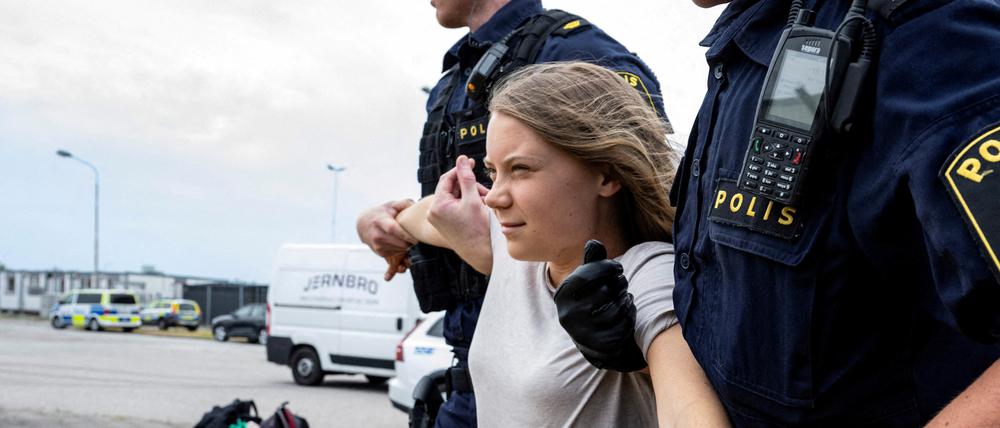 Greta Thunberg wird von der Polizei weggetragen.