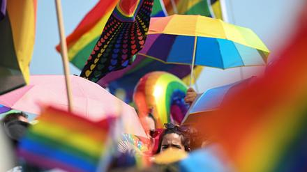 Viele bunte Regenbogenflaggen bei der Demonstration zum Christopher STreet Day in Köln 2023. 