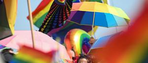 Viele bunte Regenbogenflaggen bei der Demonstration zum Christopher STreet Day in Köln 2023. 