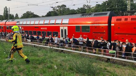 Fahrgäste stehen in der Nähe des S-Bahnhofs Birkenwerder (Landkreis Oberhavel) neben dem Zug. 