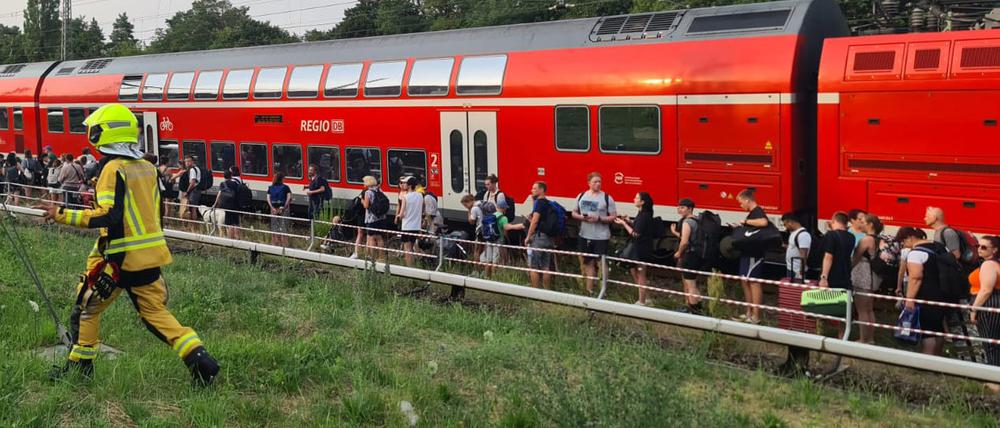 Fahrgäste stehen in der Nähe des S-Bahnhofs Birkenwerder (Landkreis Oberhavel) neben dem Zug.