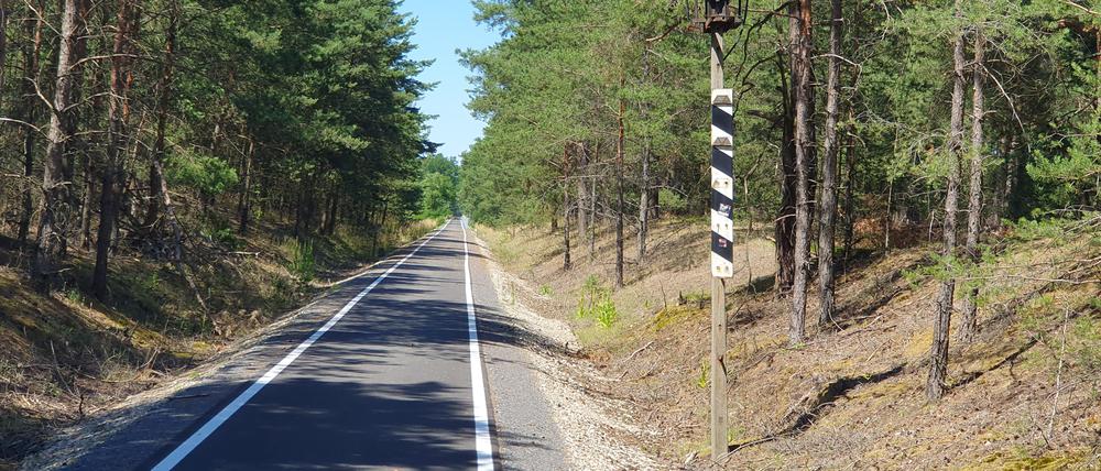 Der Heideradweg verläuft auf einer stillgelegten Eisenbahnstrecke und bietet damit beste Bedingungen zum Radfahren. Auf der Strecke sind einige Relikte der stillgelegten Eisenbahnstrecke zu sehen, wie dieses Signal.