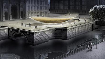 Eine Computergrafik zeigt das geplante Freiheits- und Einheitsdenkmal, die sogenannte „Einheitswippe“.