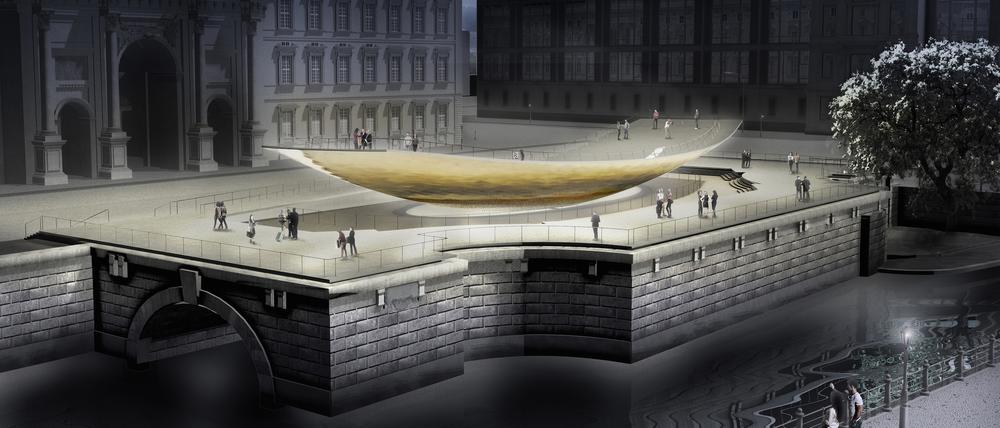 Eine Computergrafik zeigt das geplante Freiheits- und Einheitsdenkmal, die sogenannte „Einheitswippe“.