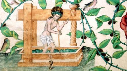 Christus in der Kelter, circa 1490 von Meister Matthäus in: Kuttenberger Kantionale, Wien, Österreichische Nationalbibliothek, Musiksammlung