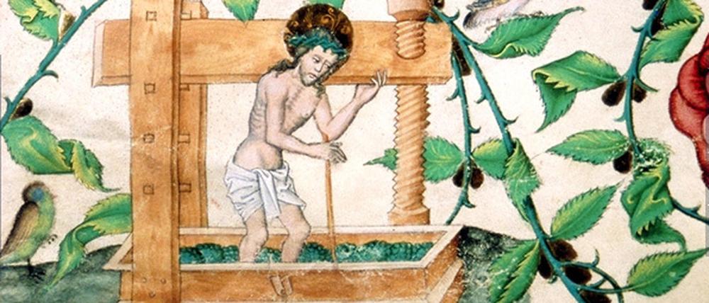 Christus in der Kelter, circa 1490 von Meister Matthäus in: Kuttenberger Kantionale, Wien, Österreichische Nationalbibliothek, Musiksammlung