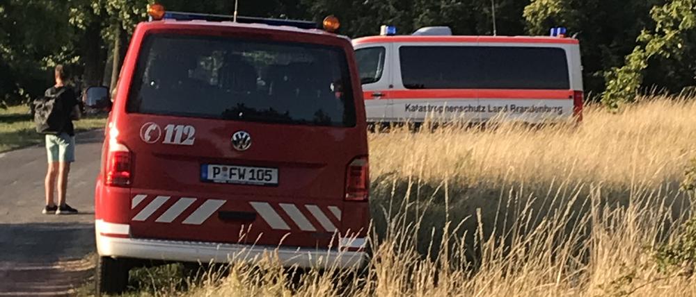 Zwei Rettungsfahrzeuge parken im Park Babelsberg auf einer Wiese.