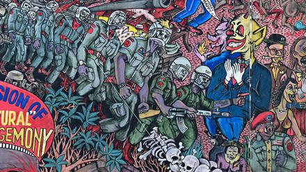 Ausschnitt aus dem wegen antisemitischer Motive umstrittenen Großgemälde „People’s Justice“ des indonesischen Künstlerkollektivs Taring Padi bei der documenta fifteen