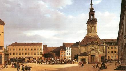Spittelmarkt um 1833: ein Hund, der einen kleinen Milchwagen zieht, sitzt im links unten im Bild.