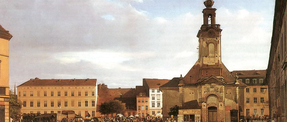 Spittelmarkt um 1833: ein Hund, der einen kleinen Milchwagen zieht, sitzt im links unten im Bild.