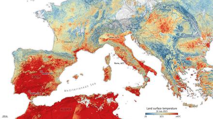 Dieses ESA-Bild basiert auf Daten des Radiometerinstruments der Copernicus-Sentinel-3-Mission und zeigt die Temperatur der Landoberfläche in Europa und Teilen Nordafrikas.