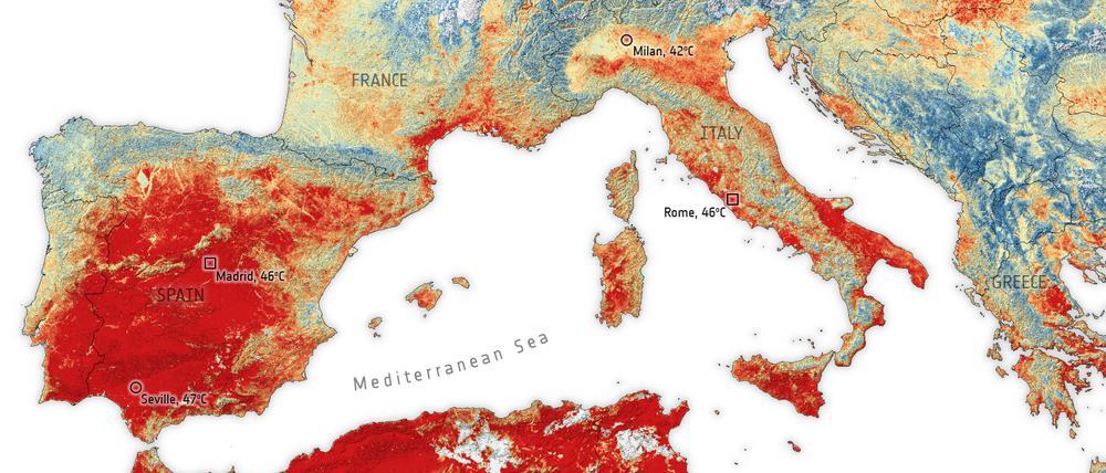Dieses ESA-Bild basiert auf Daten des Radiometerinstruments der Copernicus-Sentinel-3-Mission und zeigt die Temperatur der Landoberfläche in Europa und Teilen Nordafrikas.