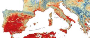 Dieses ESA-Bild basiert auf Daten des Radiometerinstruments der Copernicus-Sentinel-3-Mission und zeigt die Temperatur der Landoberfläche in Europa und Teilen Nordafrikas.