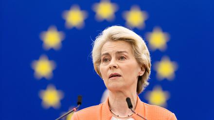 Frankreich, Straßburg: Ursula von der Leyen (CDU), Präsidentin der Europäischen Kommission, steht im Gebäude des Europäischen Parlaments und spricht.