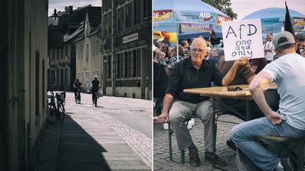 Eine leere Kleinstadt in Ostdeutschland und Anhänger der AfD.