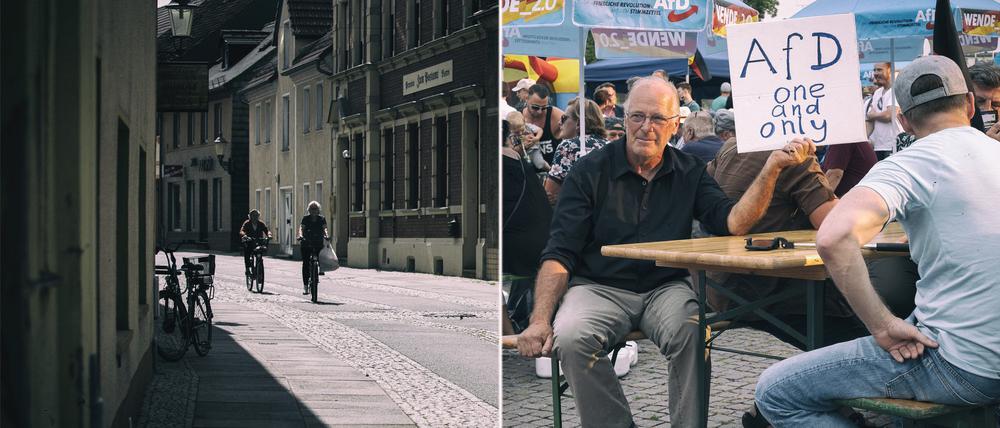 Eine leere Kleinstadt in Ostdeutschland und Anhänger der AfD.