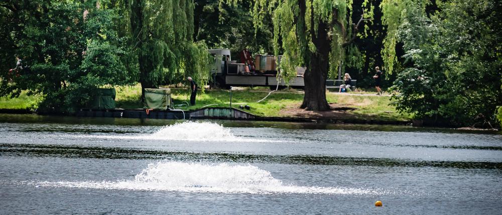 Berlin Reinickendorf , See Park Schäfersee der See ist umgekippt und muss künstlich mit Sauerstoff angereichert werden - 03.07.2023 Berlin *** Berlin Reinickendorf , Lake Park Schäfersee the lake has overturned and must be artificially enriched with oxygen 03 07 2023 Berlin