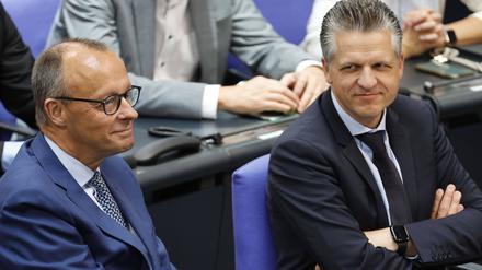 Friedrich Merz und Thorsten Frei in der 112. Sitzung des Deutschen Bundestages im Reichstagsgebäude (Archivbild)