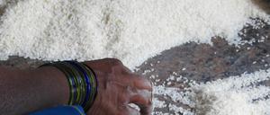 Eine Inderin reinigt Reis per Hand (Symbolbild).