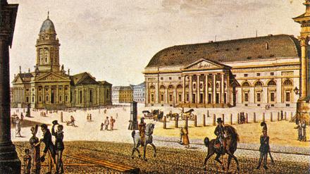 Der Gendarmenmarkt mit dem altem Schauspielhaus und dem Deutschen Dom (Aquarell von Friedrich August Calau, ca. 1815)