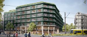 Der Büroneubau, hier mit grüner Fassade, soll sich mit dem Einzelhandel im Erdgeschoss „gut in die Umgebung einfügen“. Auch die Außenanlagen und Dachflächen sind begrünt. 