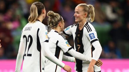 Soccer Football - FIFA Women’s World Cup Australia and New Zealand 2023 - Group H - Germany v Morocco - Melbourne Rectangular Stadium, Melbourne, Australia - July 24, 2023
Germany's Lea Schuller celebrates scoring their sixth goal with teammates REUTERS/Hannah Mckay