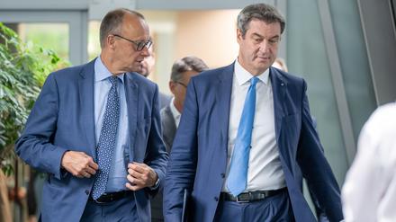 Die Parteichefs Merz und Söder nach einer gemeinsamen Präsidiumssitzung von CDU und CSU Ende Juni.