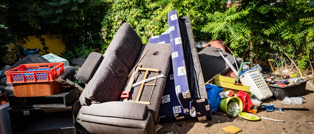 In Berliner Grünanlagen wird immer wieder illegal Müll abgeladen. Hier etwa eine gesamte Wohnzimmereinrichtung.