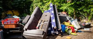 In Berliner Grünanlagen wird immer wieder illegal Müll abgeladen. Hier etwa eine gesamte Wohnzimmereinrichtung.
