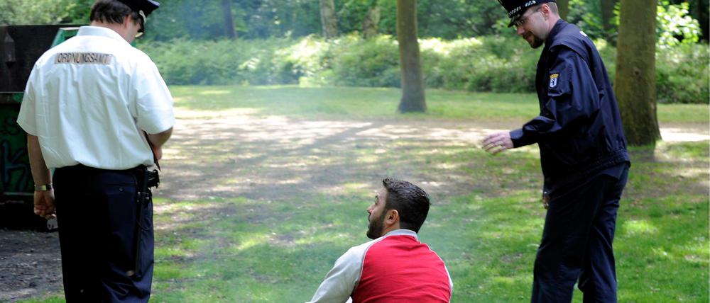 Mitarbeiter des Ordnungsamtes kontrollieren im Tiergarten in Berlin, ob das Grillen nach gegebenen Vorschriften ordnungsgemäß eingehalten wird. 