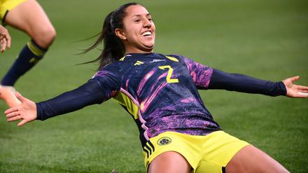 Colombia's midfielder #02 Manuela Vanegas celebrates scoring her team's second goal during the Australia and New Zealand 2023 Women's World Cup Group H football match between Germany and Colombia at Sydney Football Stadium in Sydney on July 30, 2023. (Photo by FRANCK FIFE / AFP)